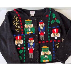 Vintage 1999 Beaded Nutcracker Couple Christmas Sweater Cardigan Size Medium